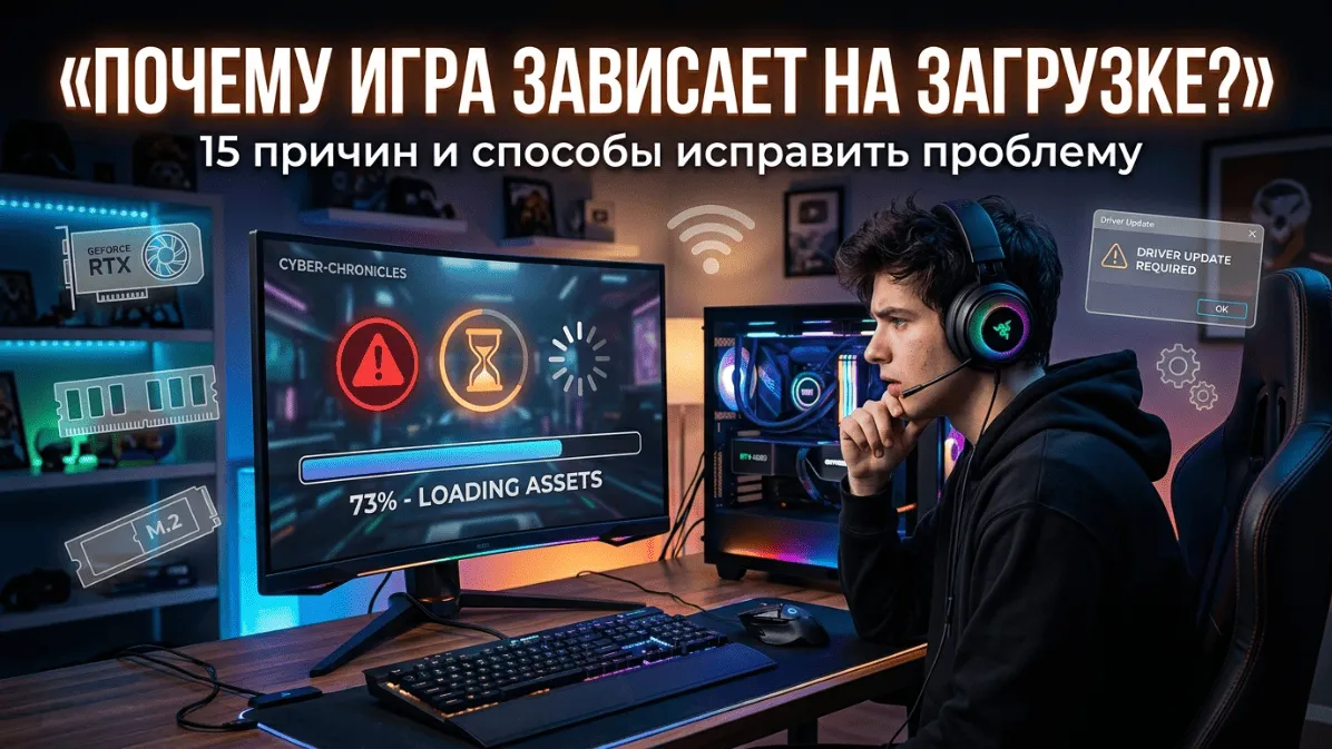 молодой геймер сидит за ПК , на экране зависший экран загрузки игры