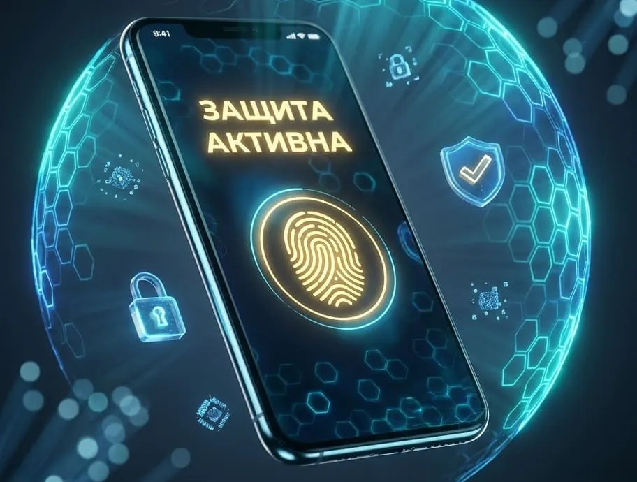 Современный смартфон, с надписью «Защита активна»