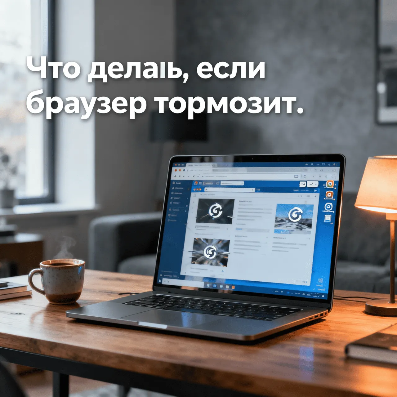 Ноутбук с медленно работающим браузером и несколькими вкладками на экране в современном домашнем офисе.