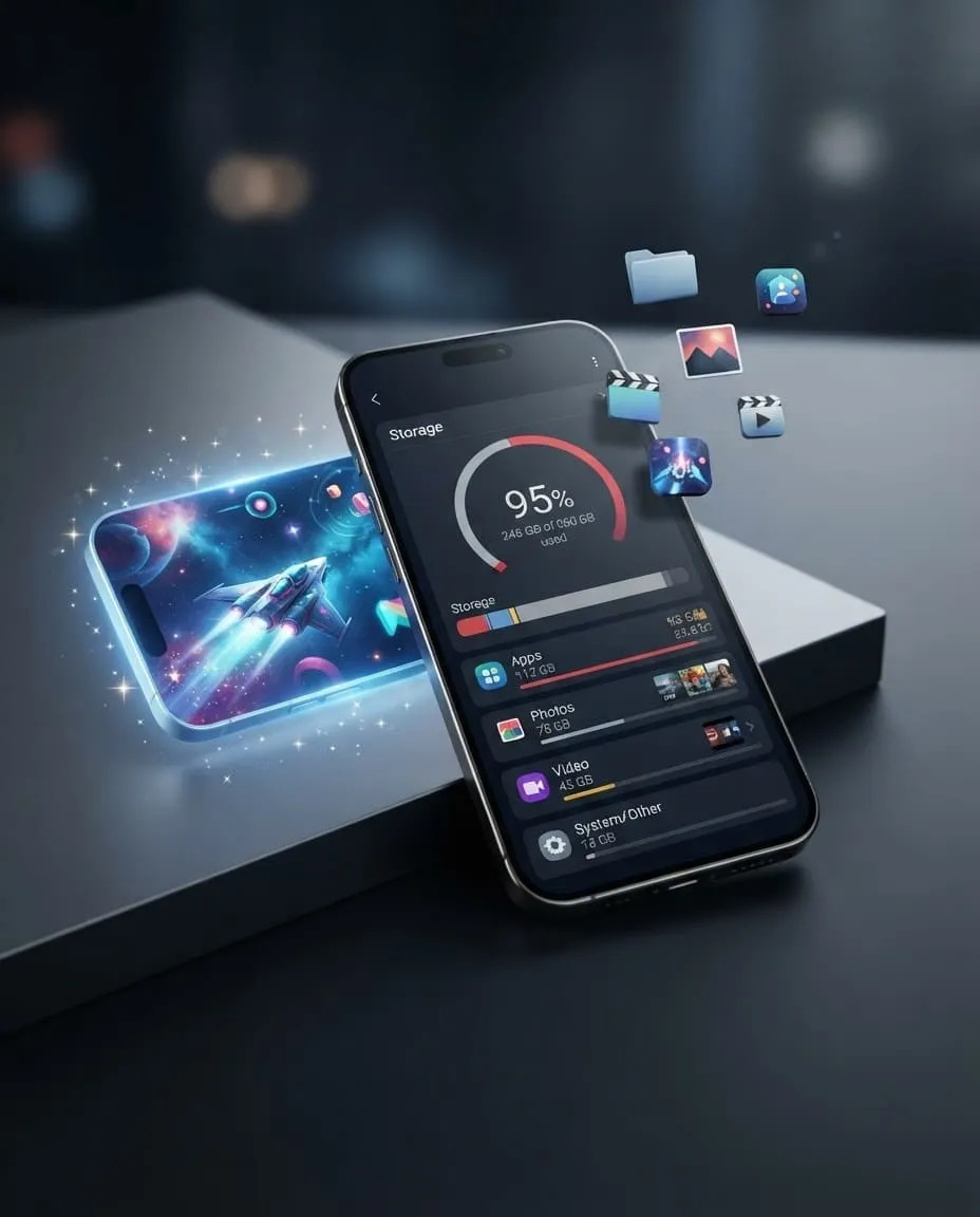 Смартфон с почти заполненной памятью и мобильной игрой на экране